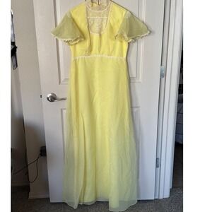 Vintage Yellow‎ Polka Dot Maxi Dress Lace Trim Flutter Sleeve Size 11 S1